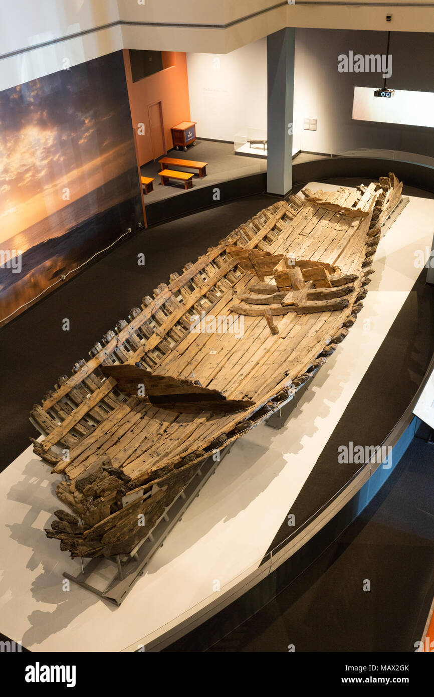 Hull of La Belle ship, flagship of Robert de la Salle, which sunk off Texas in 1686; now in the Bob Bullock Texas State History Museum, Austin, Texas Stock Photo
