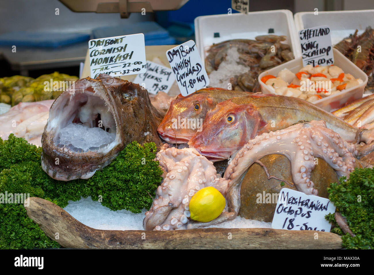 Fresh fish on offer at a fish mongers Stock Photo
