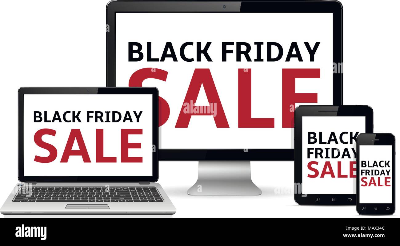 Computer monitor, laptop, tablet pc and mobile phone with black friday