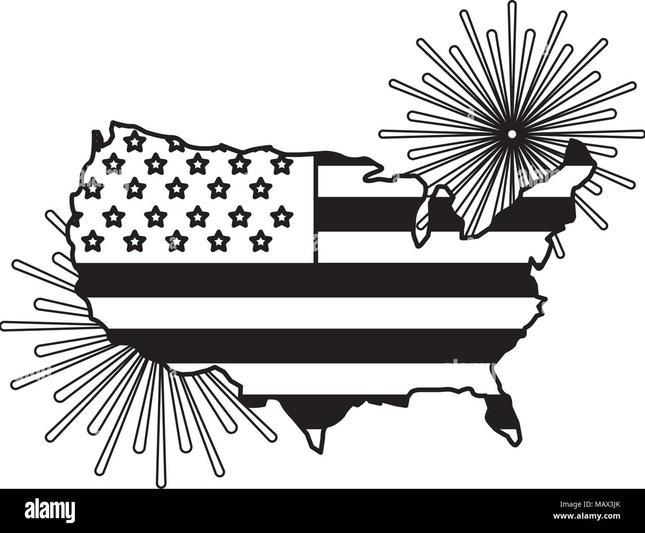 american flag on map with pyrotechnics Stock Vector