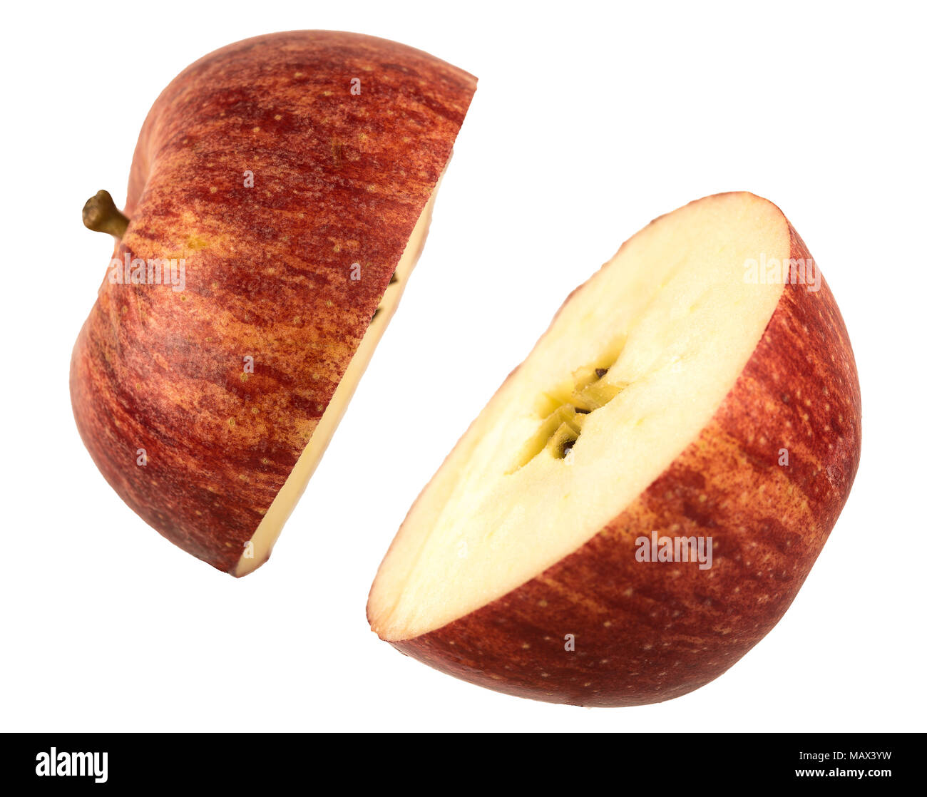 red apple cut in 2 half's on a white background Stock Photo