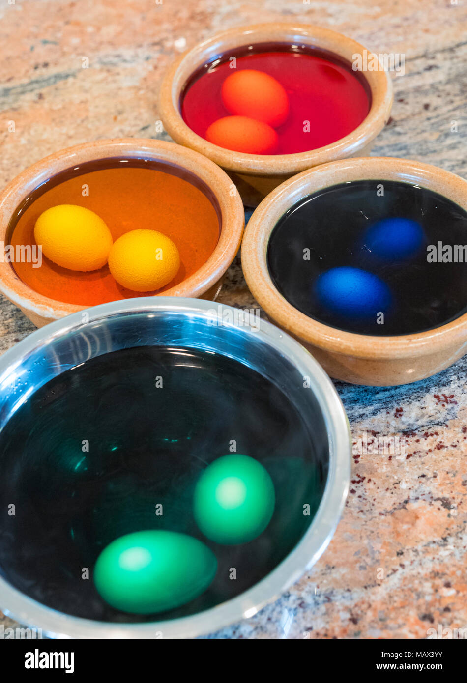 Colorful decorated dyed Easter eggs Stock Photo