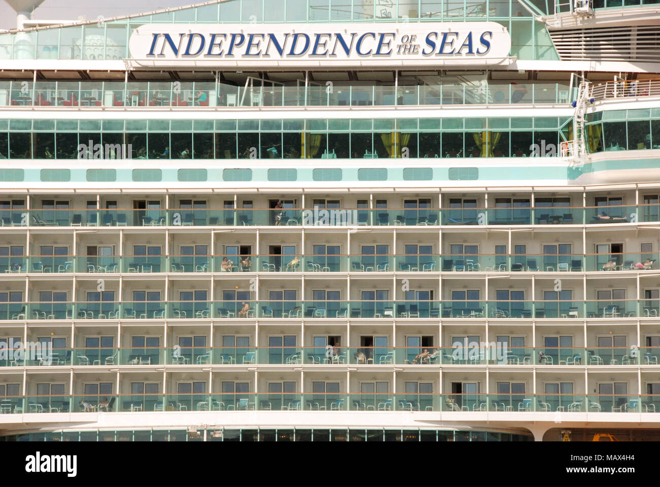 Close up view of the side of the cruise liner Independence of the Seas  showing cabins and balconies Stock Photo - Alamy