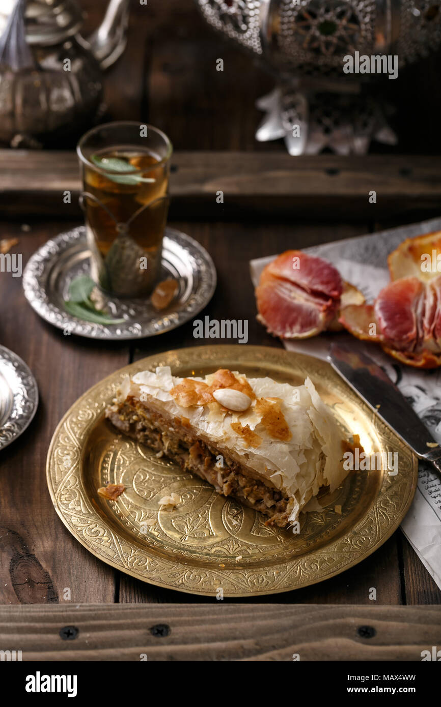 Fresh baked Moroccan chicken pastilla or bastilla Stock Photo