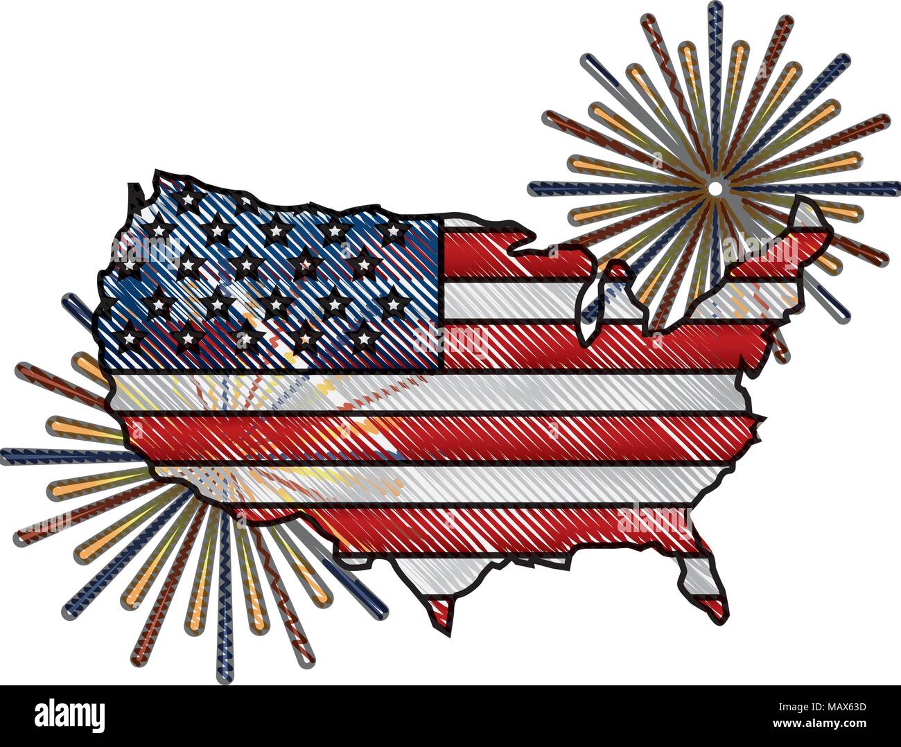 american flag on map with pyrotechnics Stock Vector