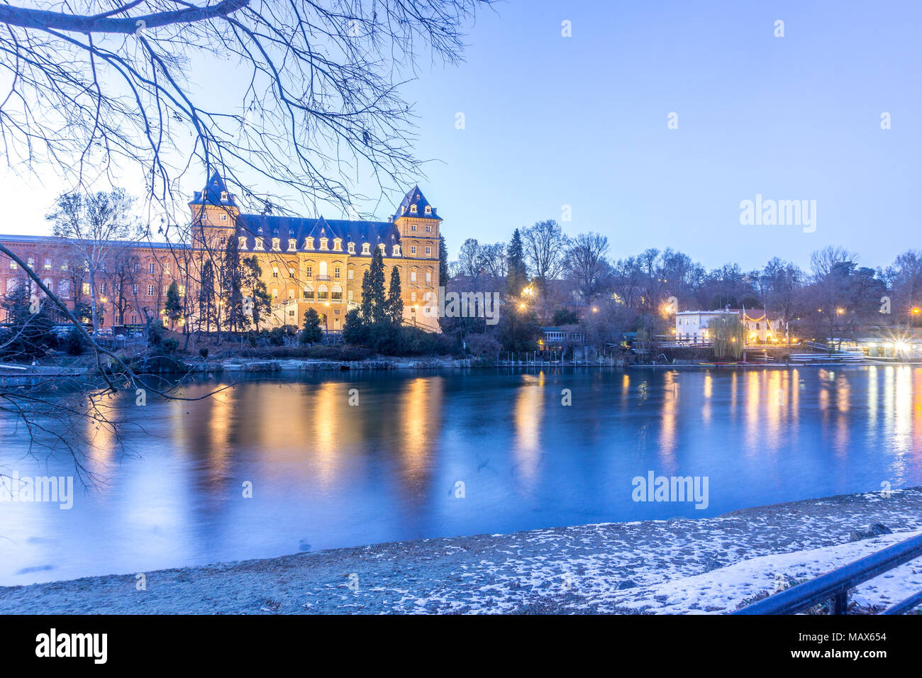 Castle at the park of valentino in turin. Panorama of Turin witj Po River Stock Photo