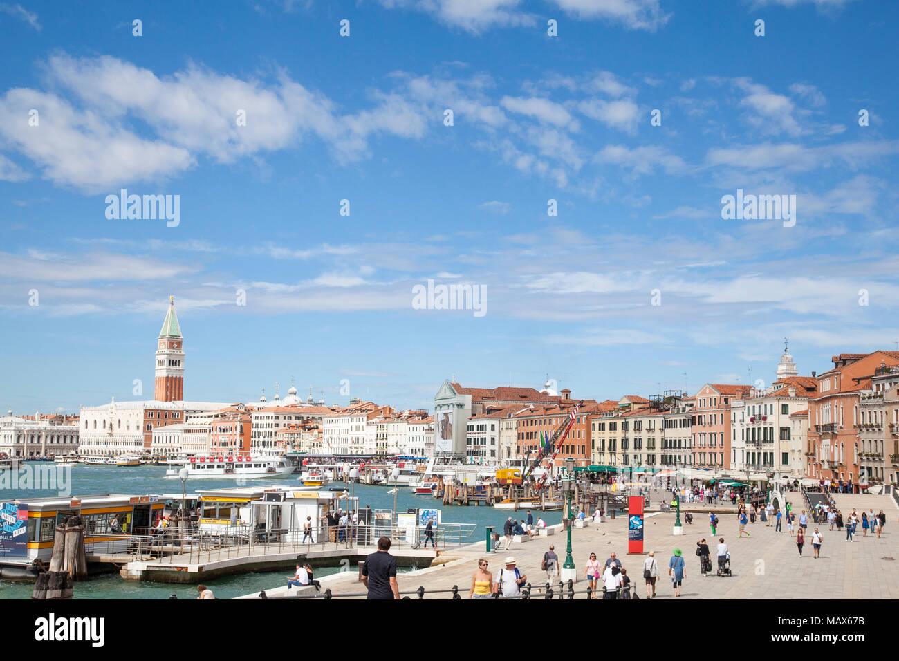 Elevated view of Riva Ca' di Dio, and Riva degli Schiavoni, Castello, Venice, Italy looking across St Marks Basin and the Arsenale vaporetto stop to Stock Photo