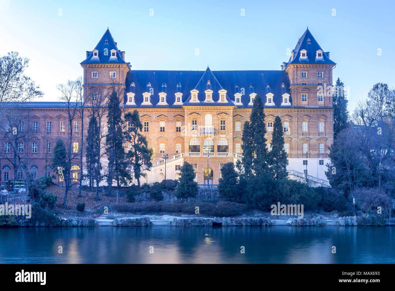 Castle at the park of valentino in turin. Panorama of Turin witj Po River Stock Photo