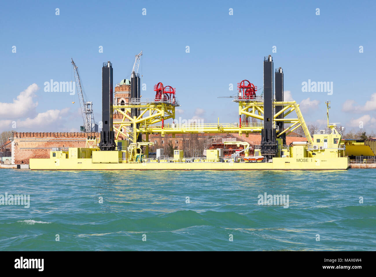 MOSE 1 Jack Up vessel for transporting the gates to close the Venetian Lagoon against Acqua Alta flooding, Arsemale, Castello, Venice, Italy. It has n Stock Photo