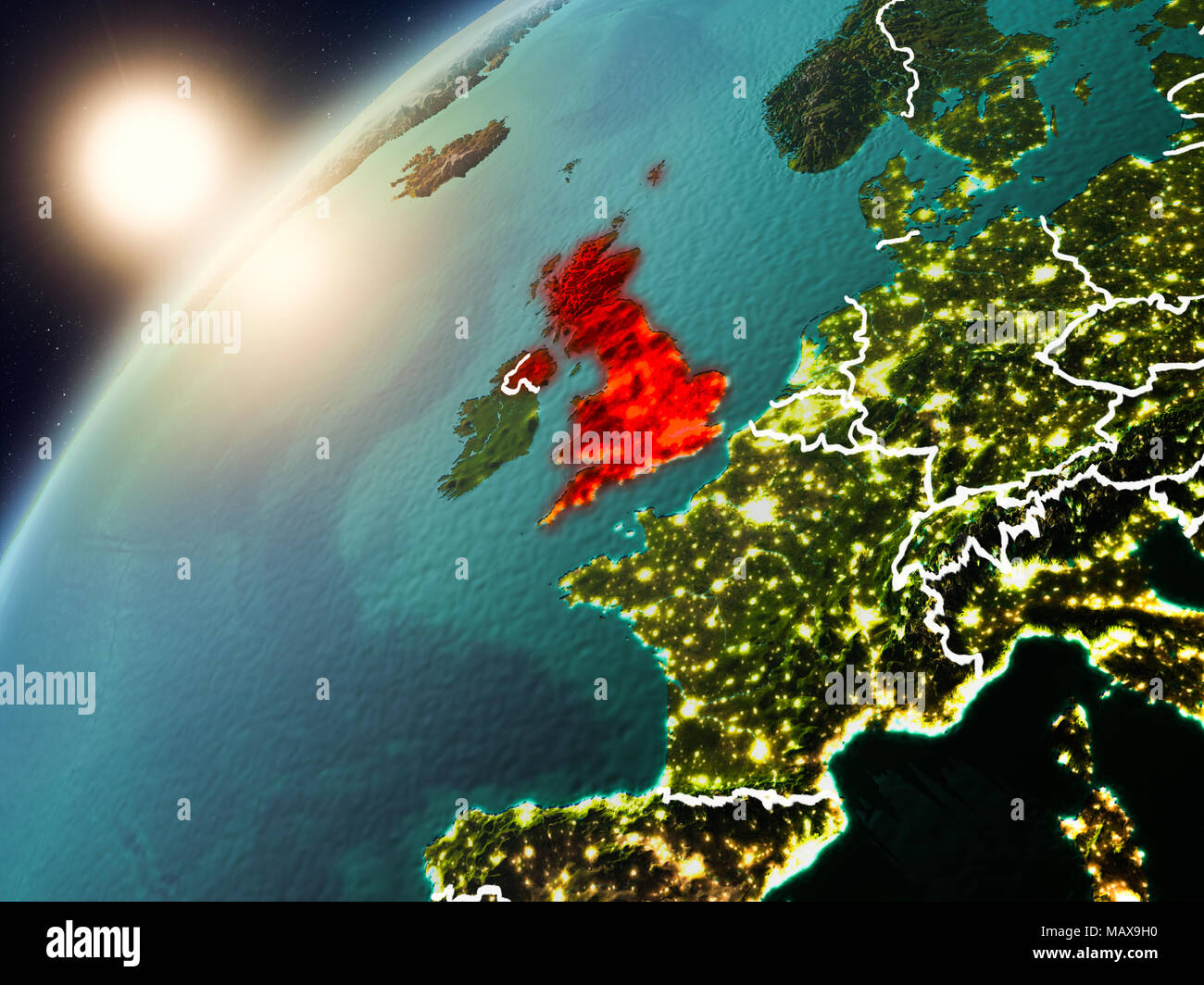 United Kingdom during sunset highlighted in red on planet Earth with ...