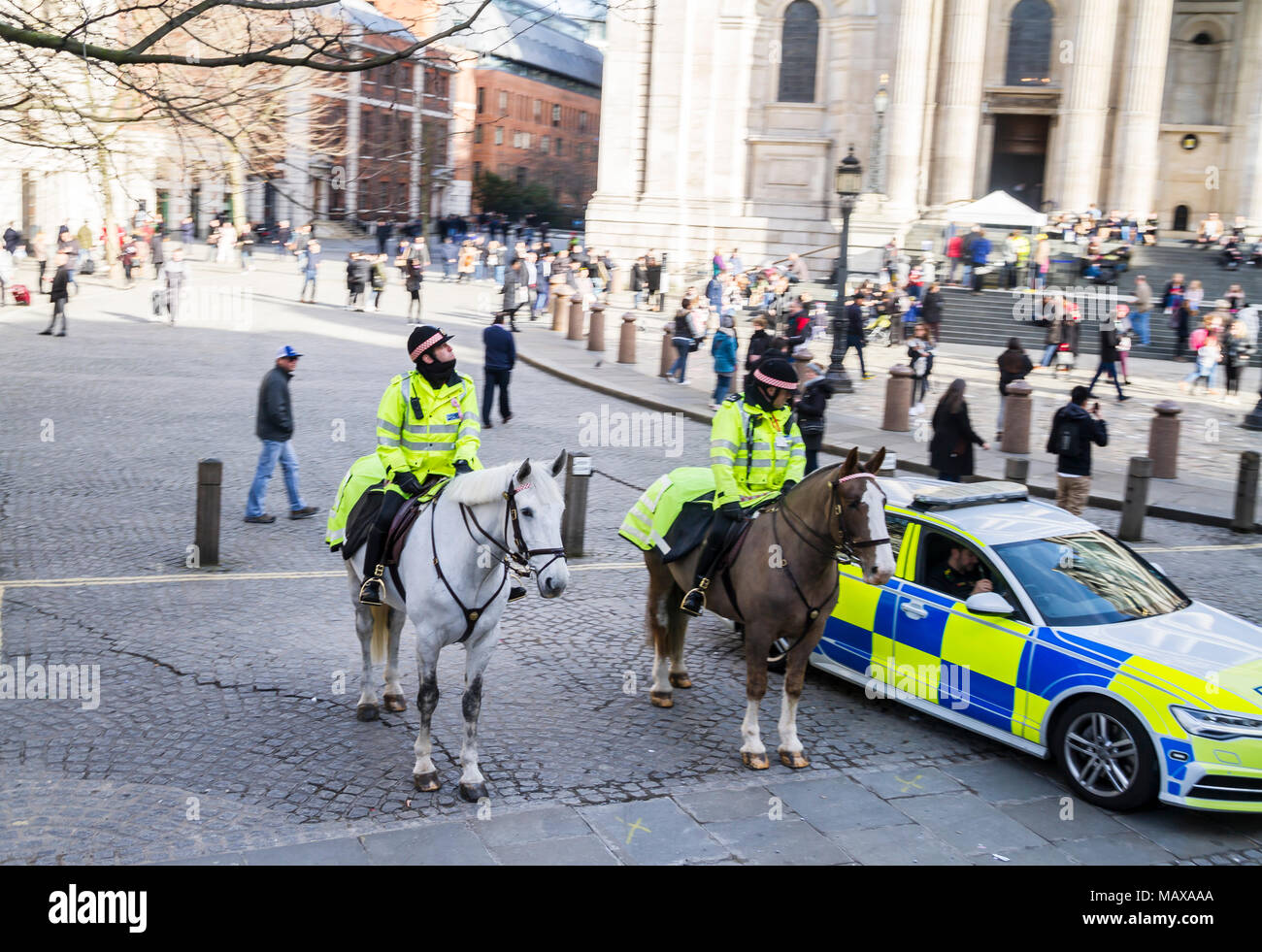 English Police, bobbys on Horseback, London, police UK, uk police old bill, britain british concept government authority peace keeping Stock Photo