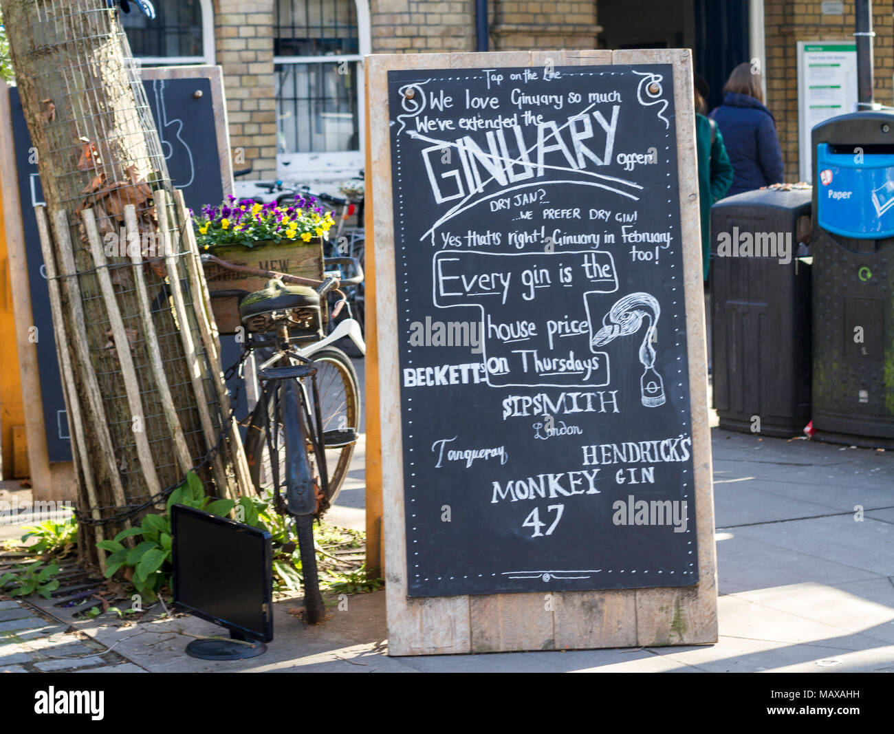 Gin Sign Blackboard sign advertisement outside the Tap on The Line Restaurant, Kew, London UK street cafe britain Stock Photo