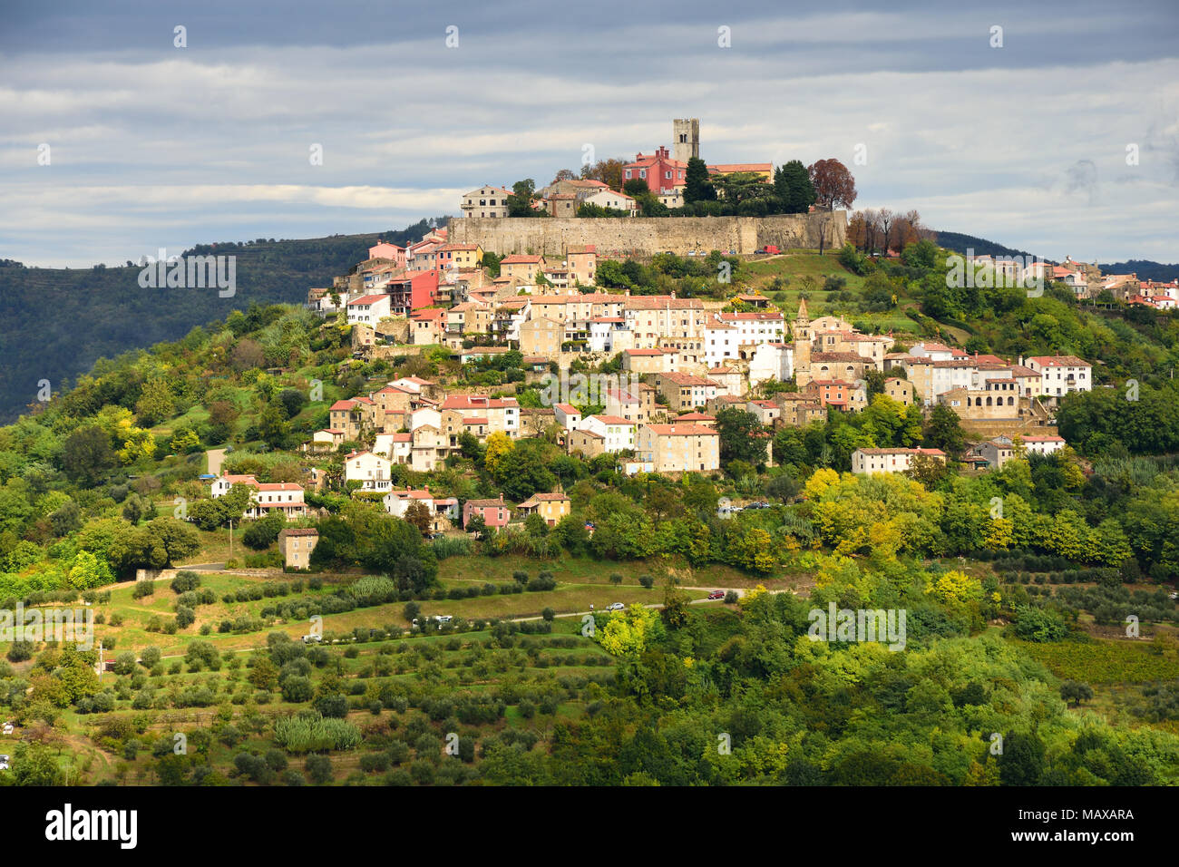 View to Motovun, croatian medieval town built on the hill. Stock Photo