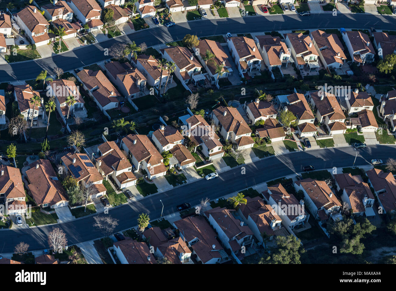 Aerial view of typical neighborhood homes and streets in suburban Thousand Oaks, California. Stock Photo