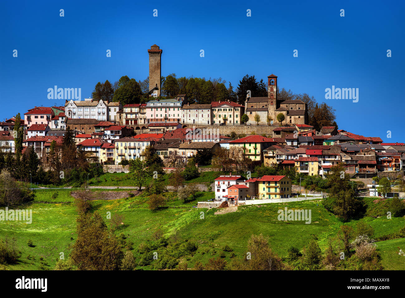 View of the town of Murazzano, with its impressive medieval sight tower, in the High Langa, in Piedmont, Italy. Stock Photo