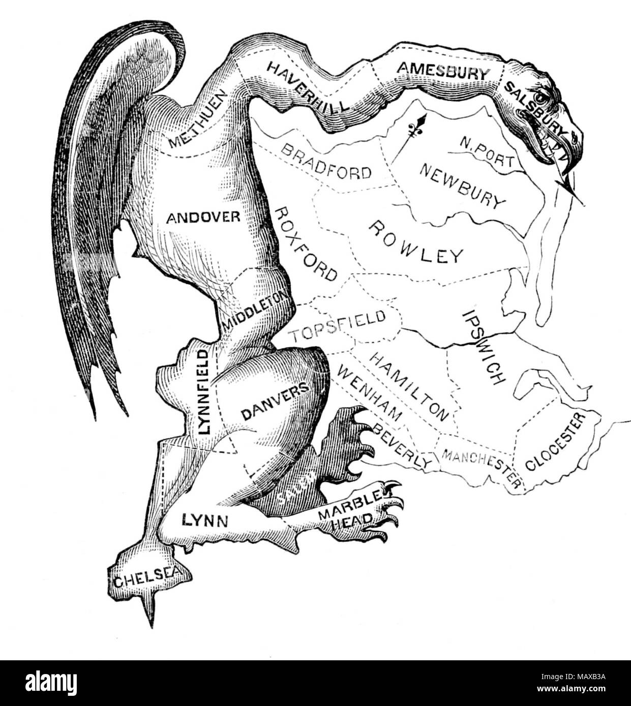Cartoon 'The Gerry-Mander' by Elkanah Tisdale (1771-1835). This is the political cartoon that led to the coining of the term “Gerrymander.” The district depicted in the cartoon was created by Massachusetts legislature to favor the incumbent Democratic-Republican party candidates of Governor Elbridge Gerry over the Federalists in 1812.  Originally published in the Boston Centinel, 1812. Stock Photo