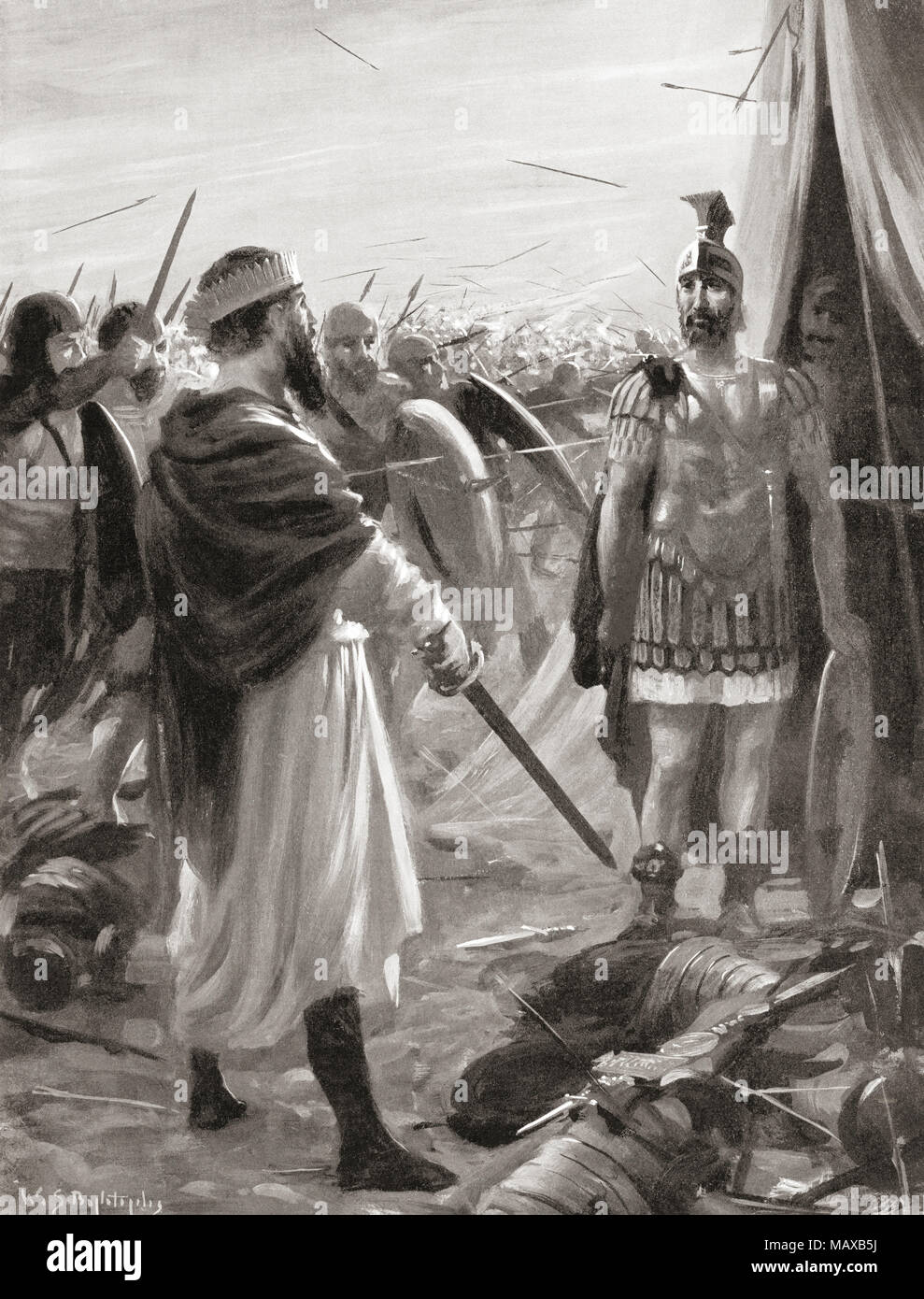The capture of Valerian at the Battle of Edessa in AD 260 by Shapur I. Shapur I, aka Shapur I the Great.  Second shahanshah (king of kings) of the Sasanian Empire.  Valerian, c.193/195/200 – 260/264, aka  Valerian the Elder.  Roman Emperor.  After a painting by W.S. Bagdatopoulus, (1888-1965).  From Hutchinson's History of the Nations, published 1915 Stock Photo
