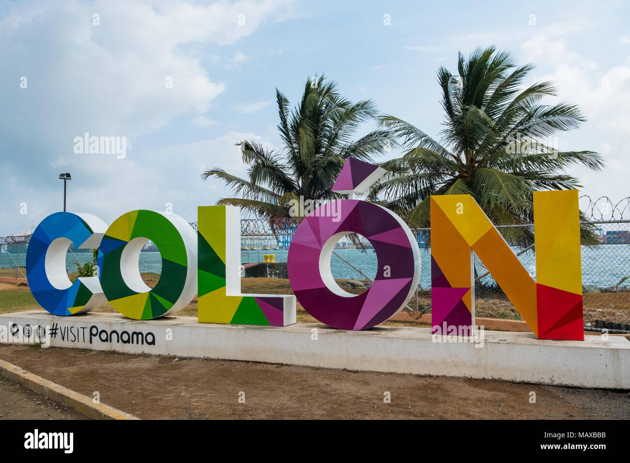 Colon, Panama - march 2018: Famous colorful name sign of the city Colo in  Panama Stock Photo