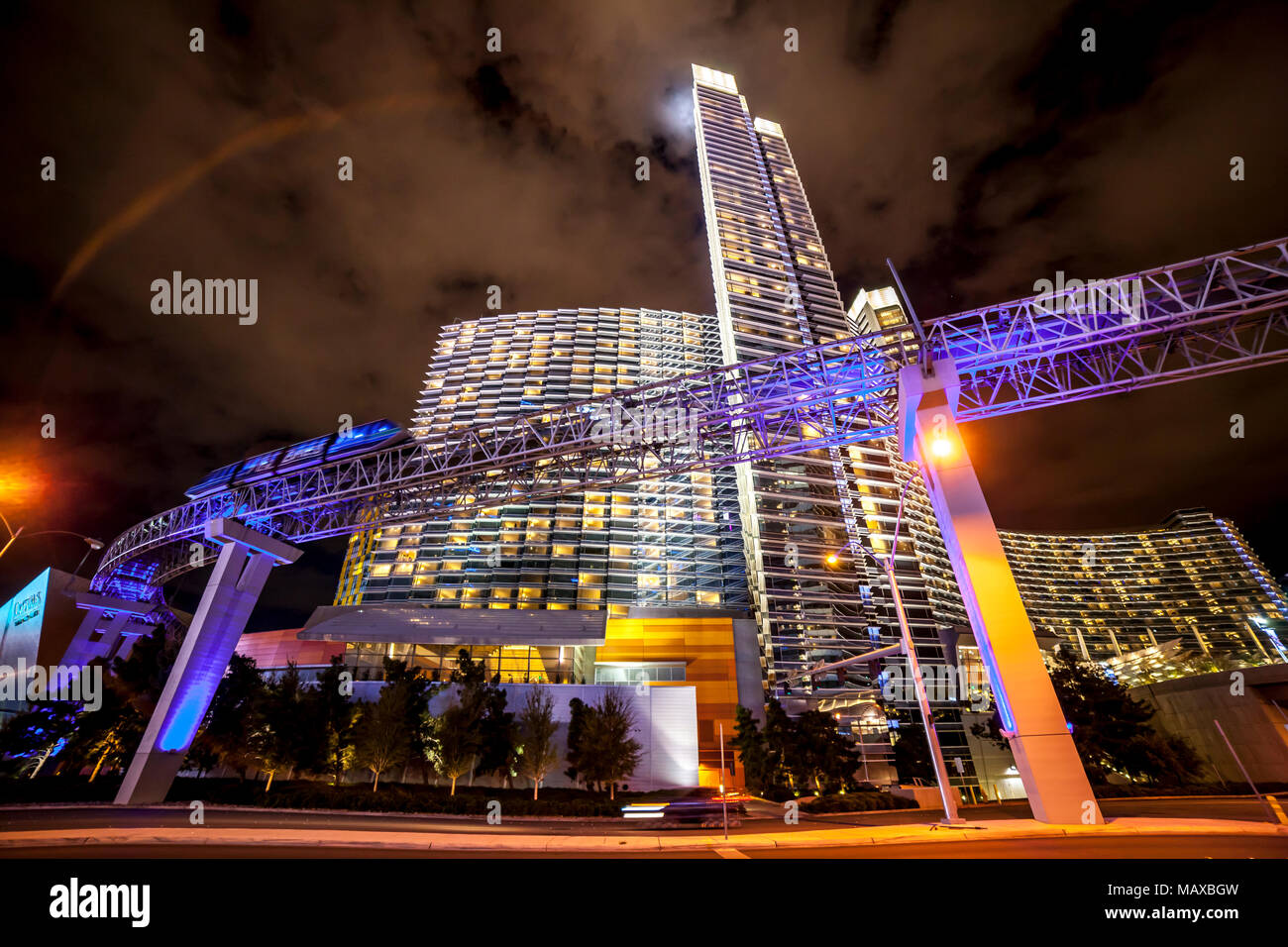 Looking up at the Aria Express and the Aria Resort and Casino, Las Vegas, Narvarda, U.S.A. Stock Photo