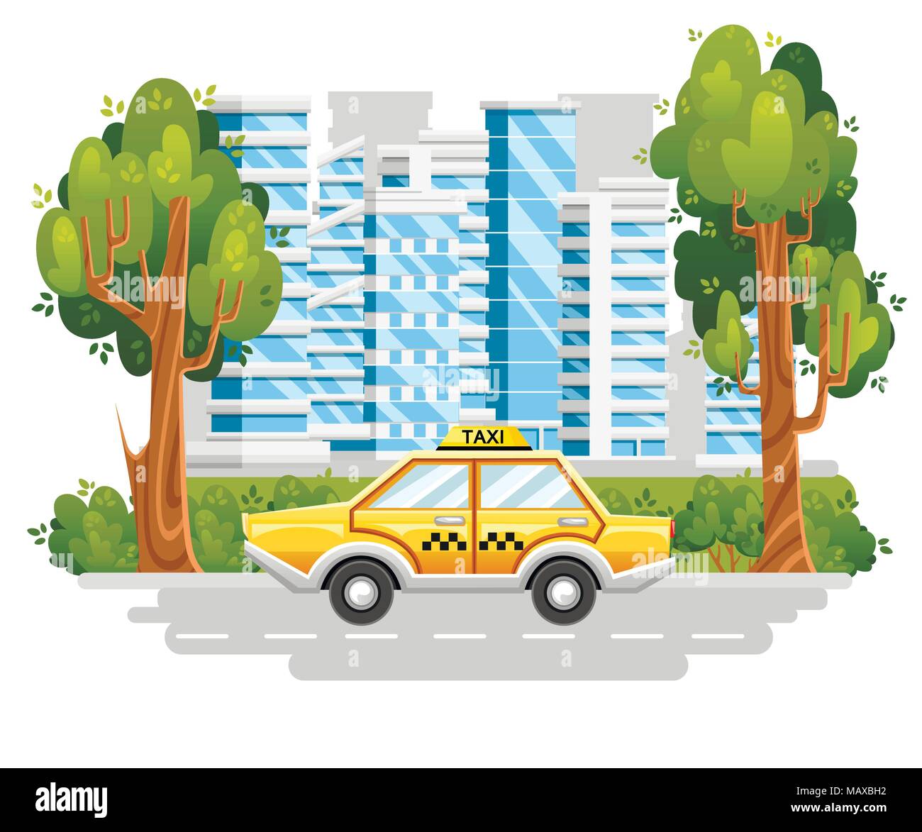 Yellow taxi car. Taxi service. Car on road in modern city. Blue buildings with green tree and bushes. Cartoon style design. Vector illustration isolat Stock Vector
