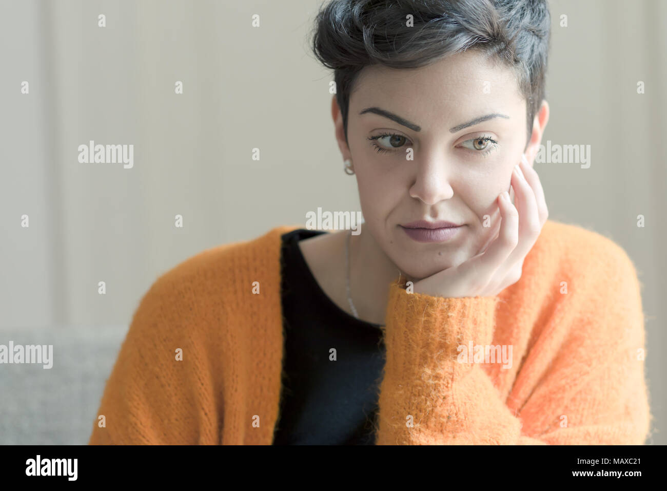 Pretty Woman With Short Hair Thinking Stock Photo 178830457 Alamy