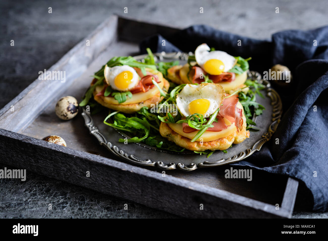 Savoury yoghurt and scallion pancakes with Black Forrest ham, smoked
