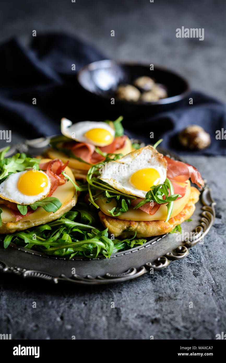 Savoury yoghurt and scallion pancakes with Black Forrest ham, smoked