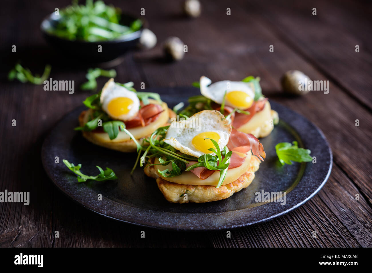 Savoury yoghurt and scallion pancakes with Black Forrest ham, smoked