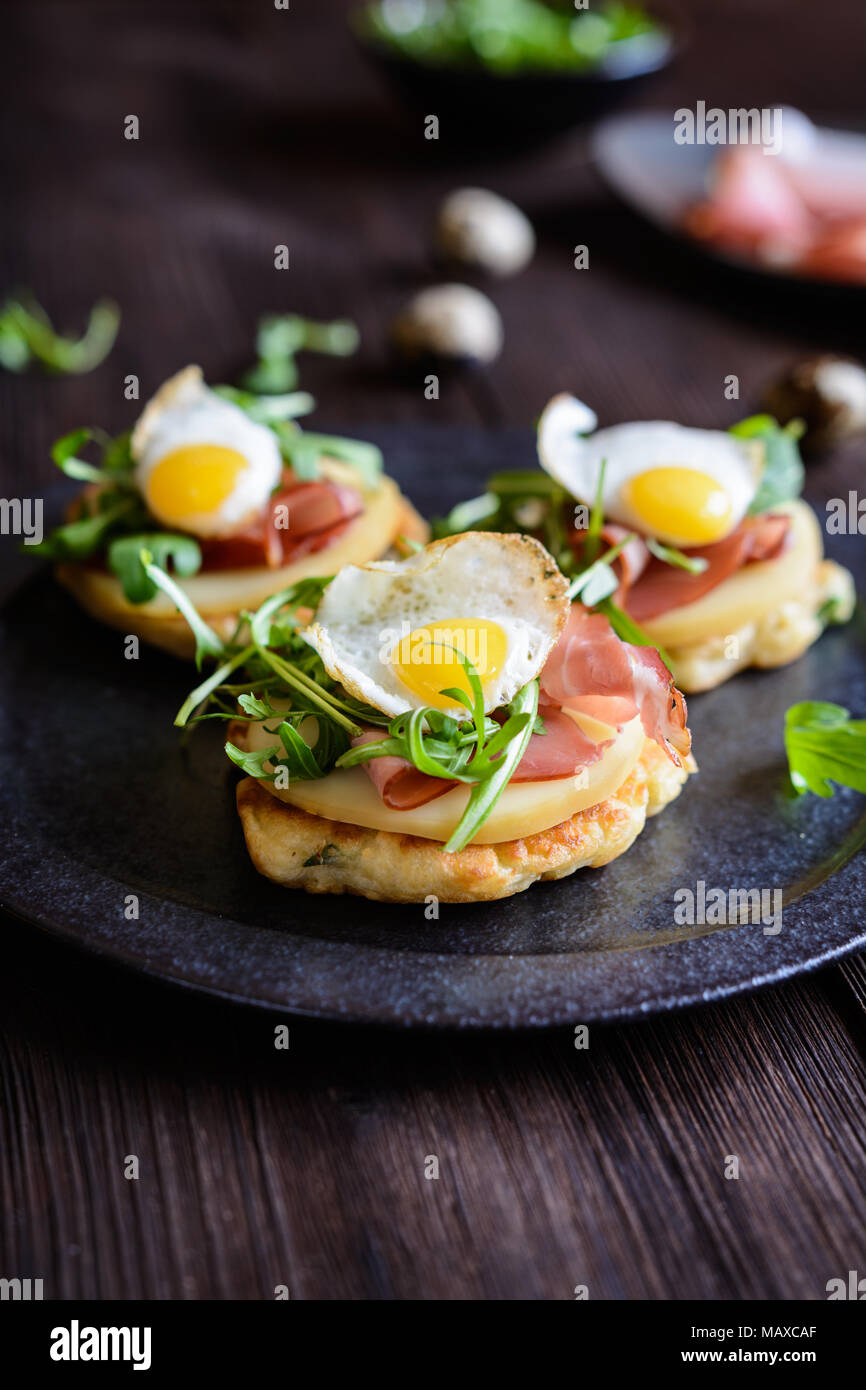 Savoury yoghurt and scallion pancakes with Black Forrest ham, smoked