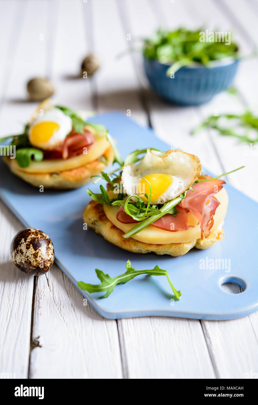 Savoury yoghurt and scallion pancakes with Black Forrest ham, smoked