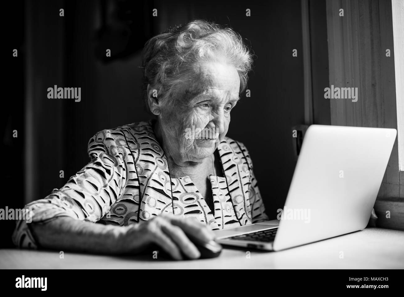 Elderly woman works on a laptop. Stock Photo