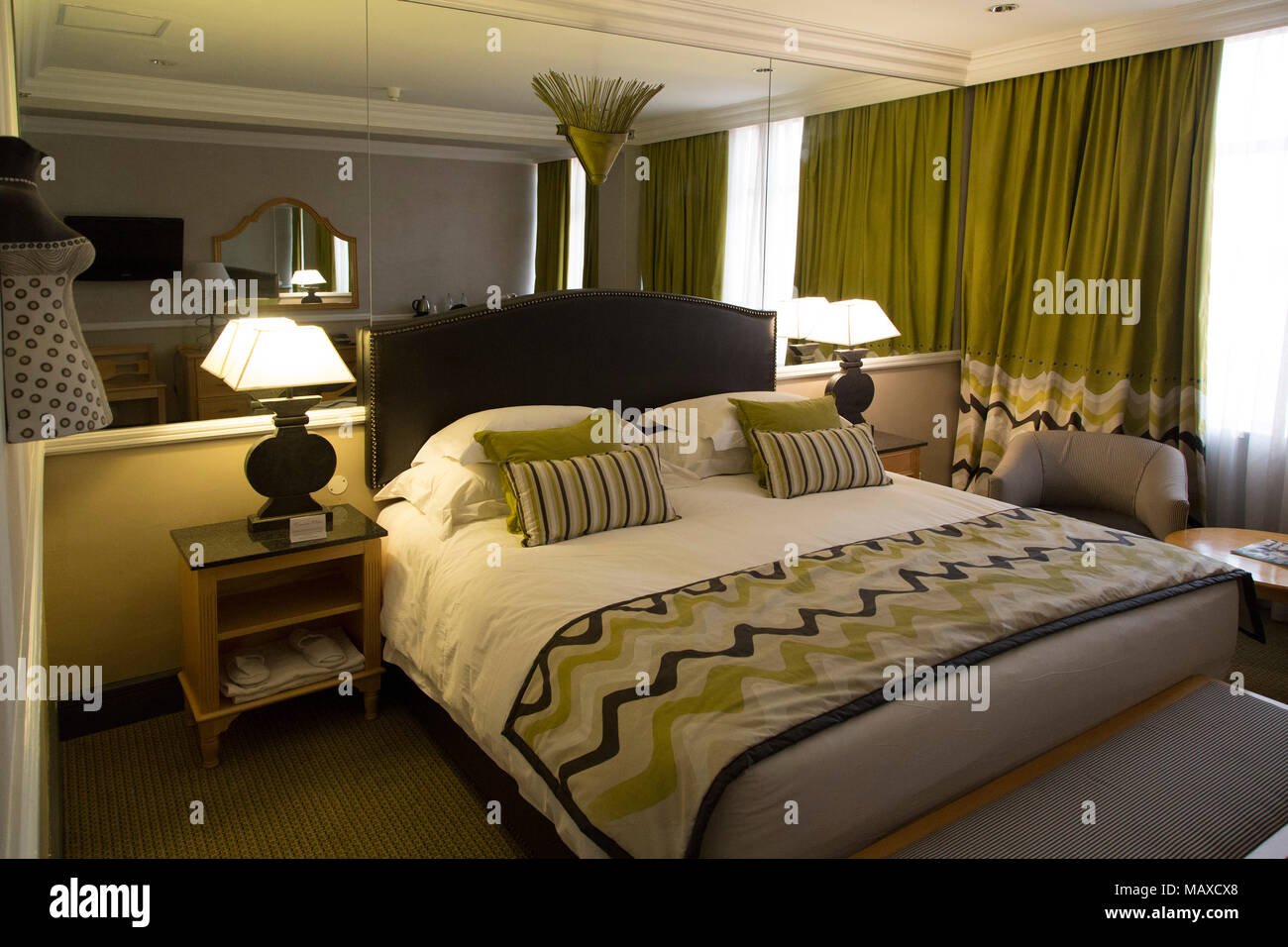 Bedroom at the Meikles Hotel in Harare, Zimbabwe. The luxury hotel