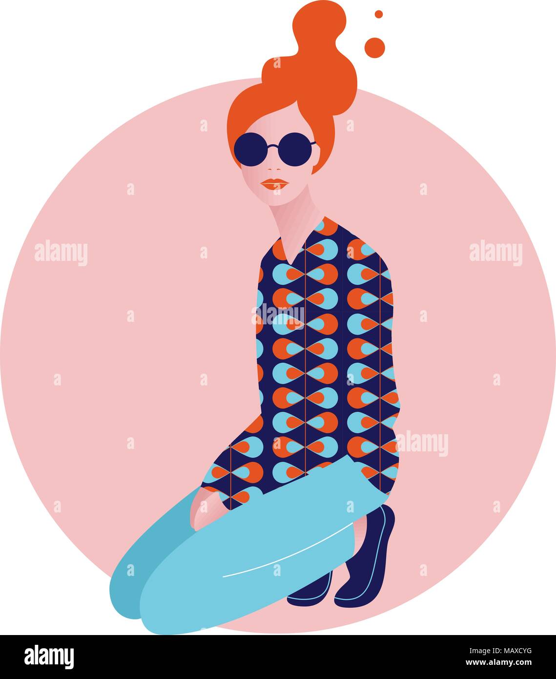 Vector illustration of stylish beautiful young woman sitting on the knees.  60s pattern, jeans and sunglasses. Pop style in modern interpretation. Stock Vector