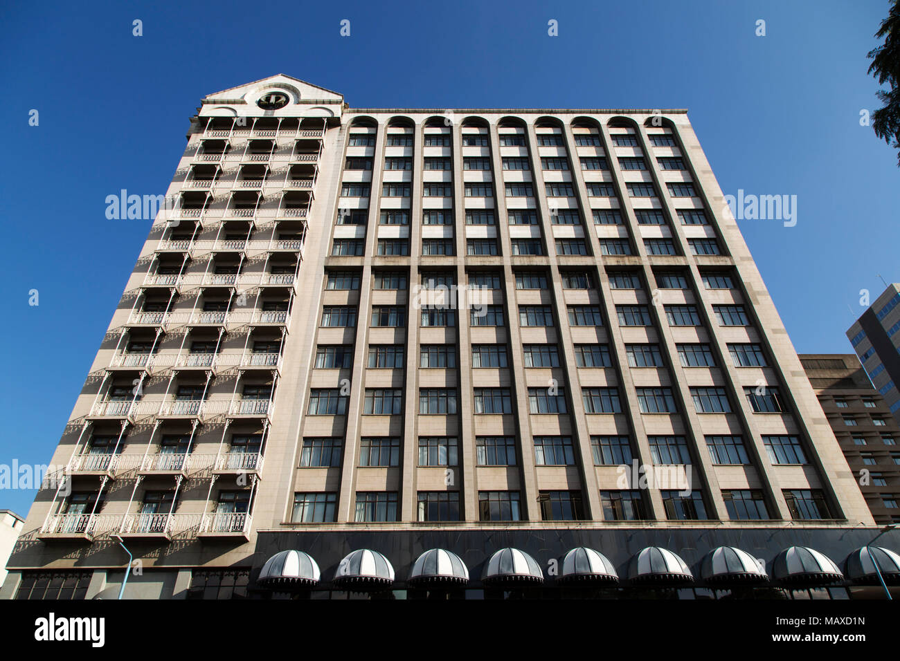 Facade of the Meikles Hotel in Harare, Zimbabwe. The luxury hotel