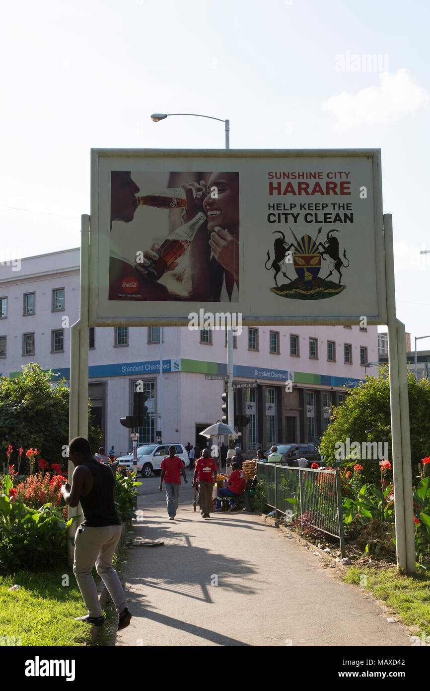 A sign urges people to keep the city tidy at Africa Unity Square in Harare, Zimbabwe. Stock Photo