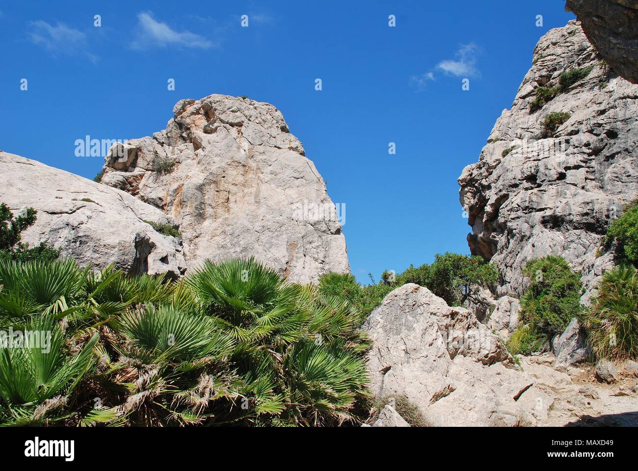 Giant boulders line the trail through the Boquer valley in the Serra de Tramuntana mountains on the Spanish island of Majorca. Stock Photo