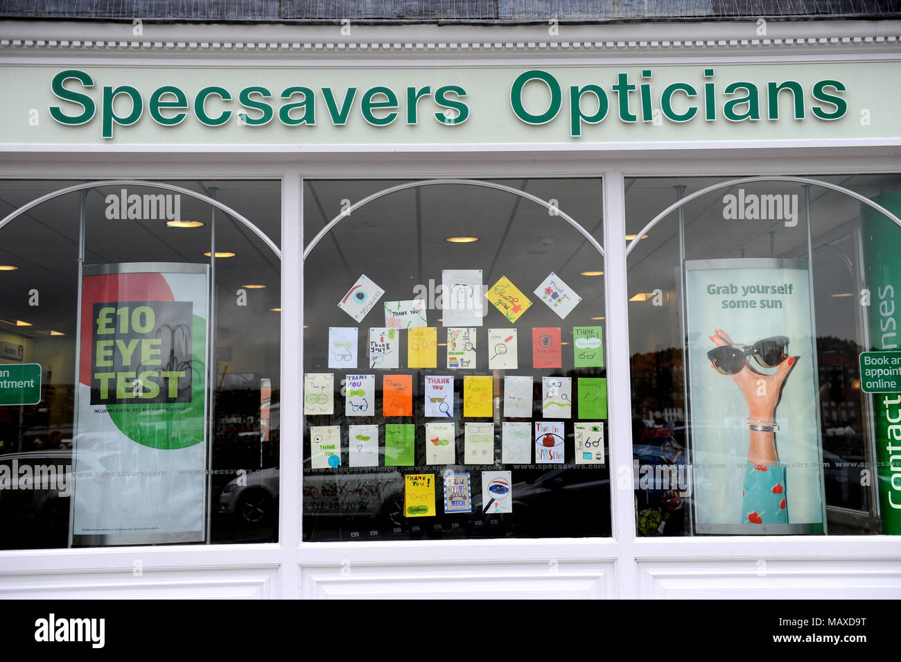 Thank you cards in Specsavers opticians window display in Whitby, North ...