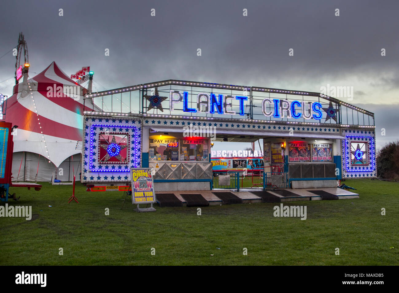 Planet Circus evening performance in windy & wet conditions at Southport, Merseyside, UK Stock Photo