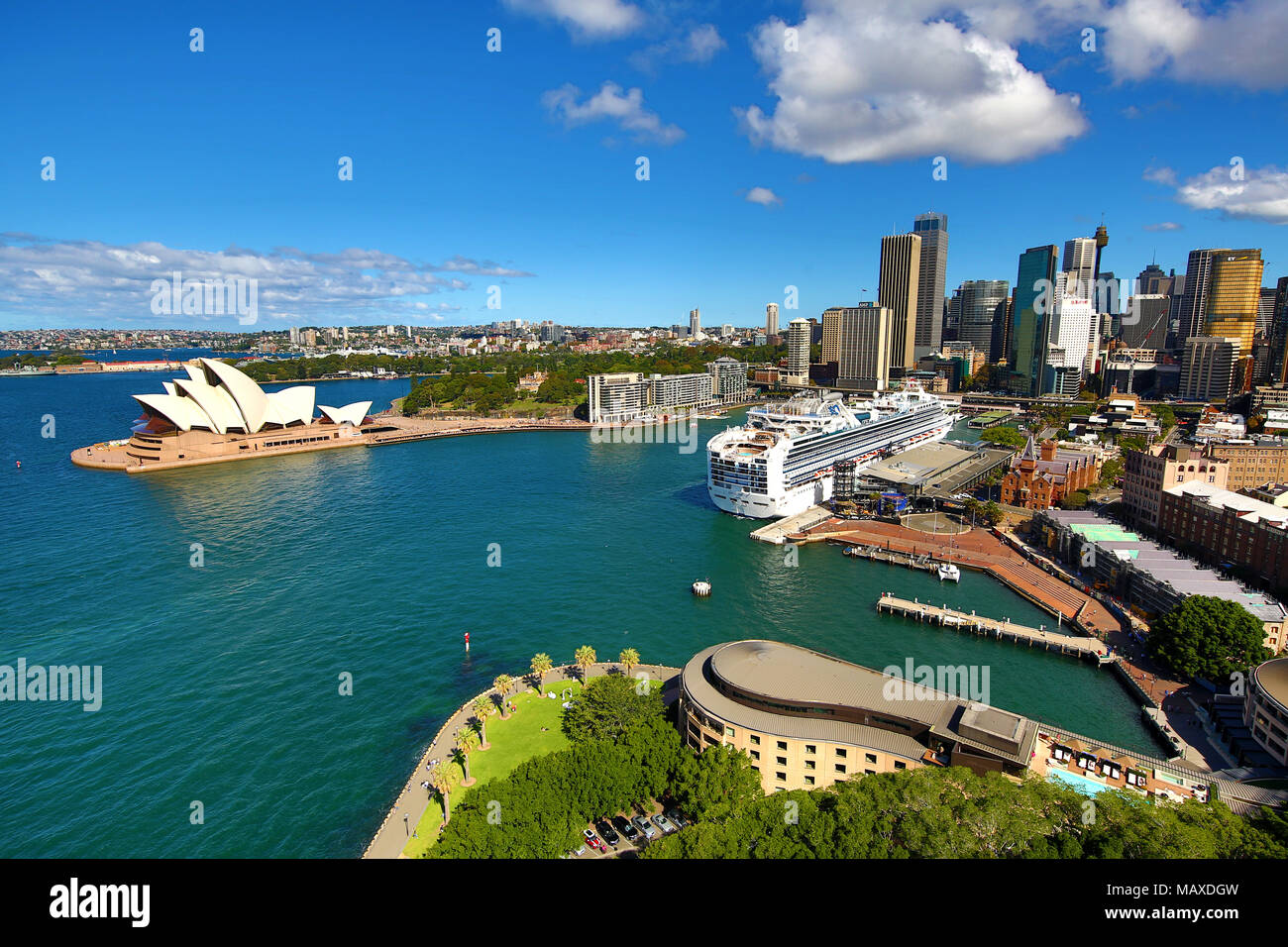 Sydney city skyline, harbour, Opera House and a cruise ship, Sydney, New South Wales, Australia Stock Photo