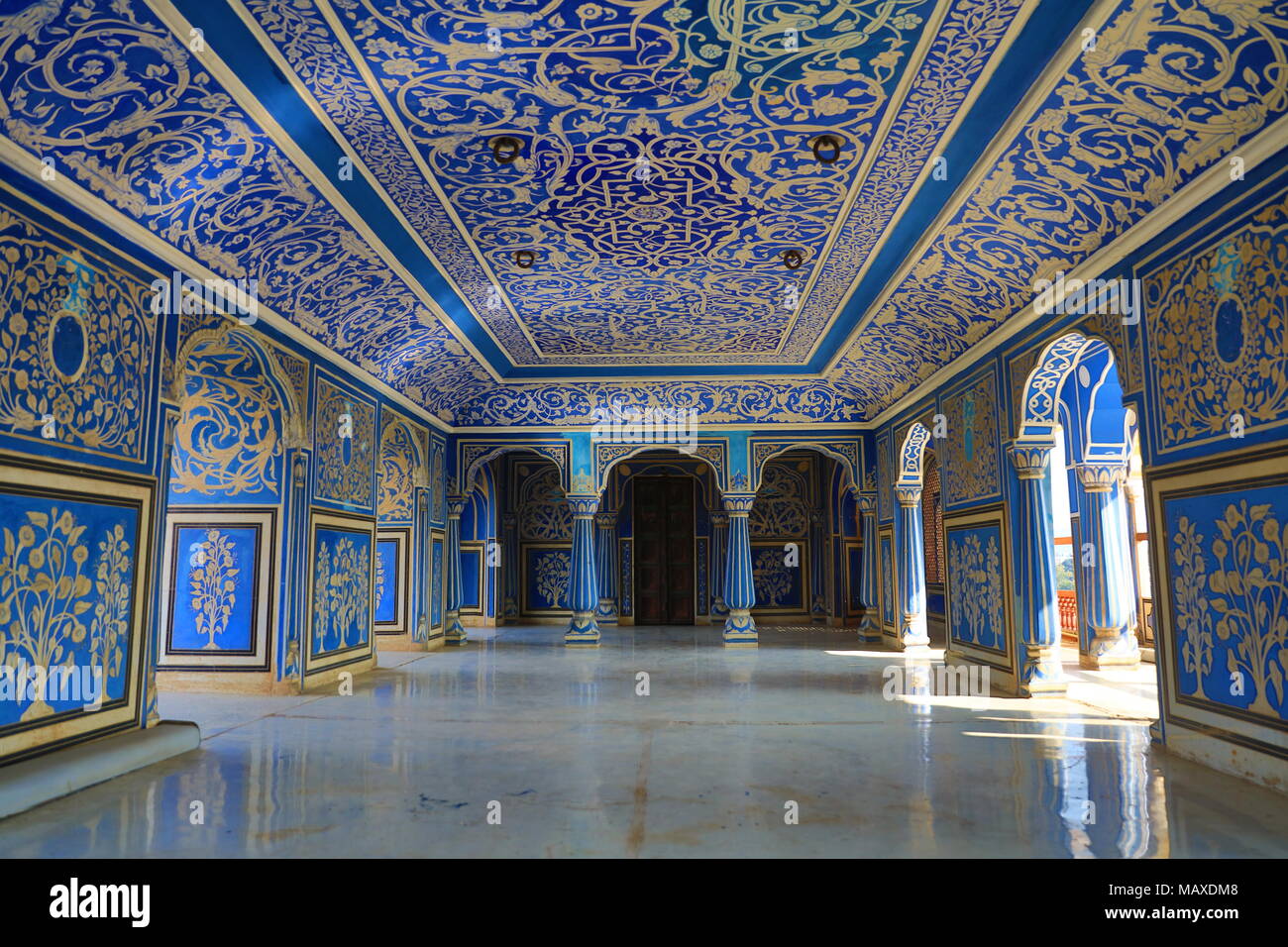 View of Royal palace hallway in Chandra Mahal, City Palace, Jaipur, Rajasthan, Stock Photo