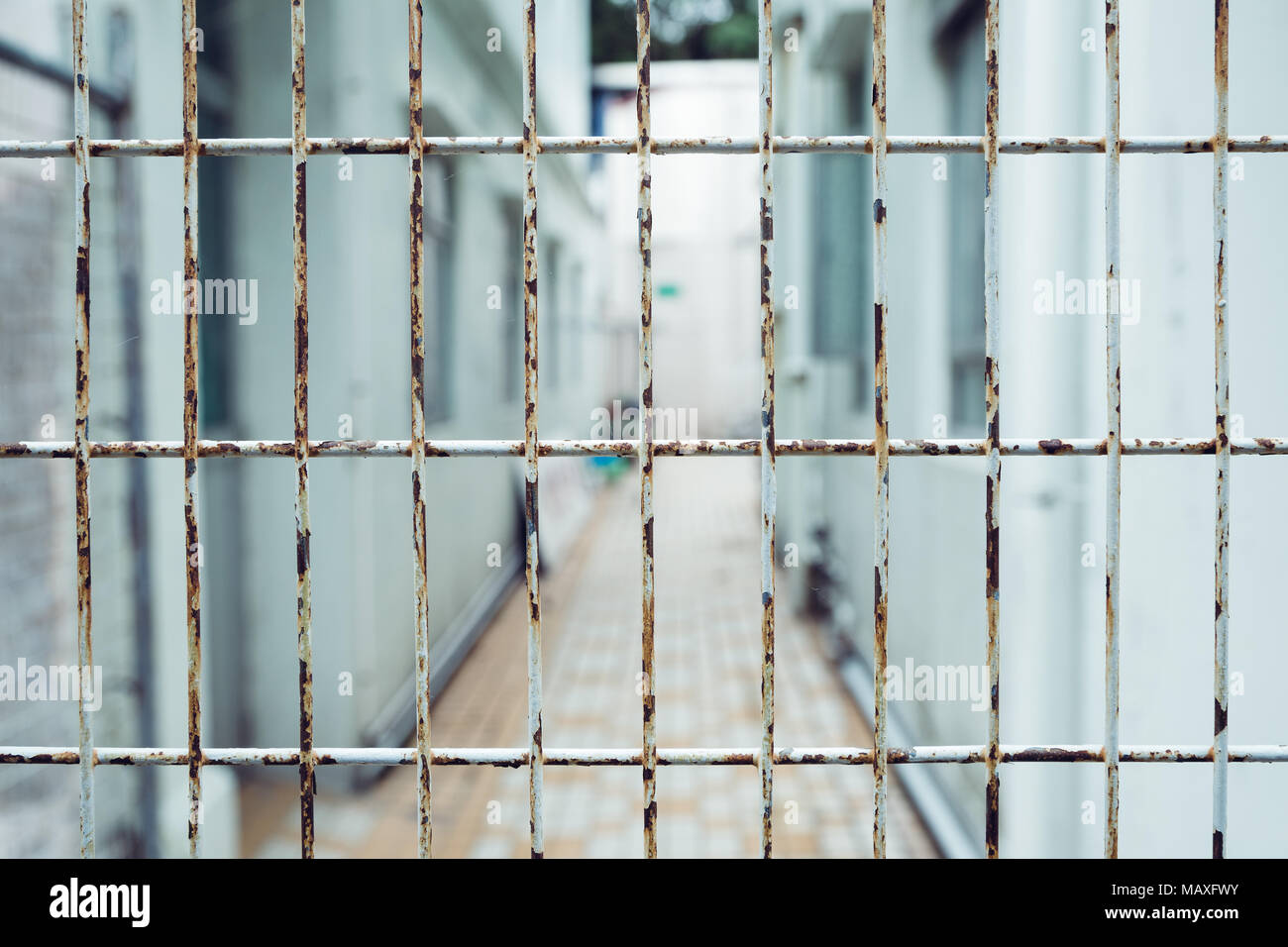 Iron bar fence with old street Stock Photo Alamy