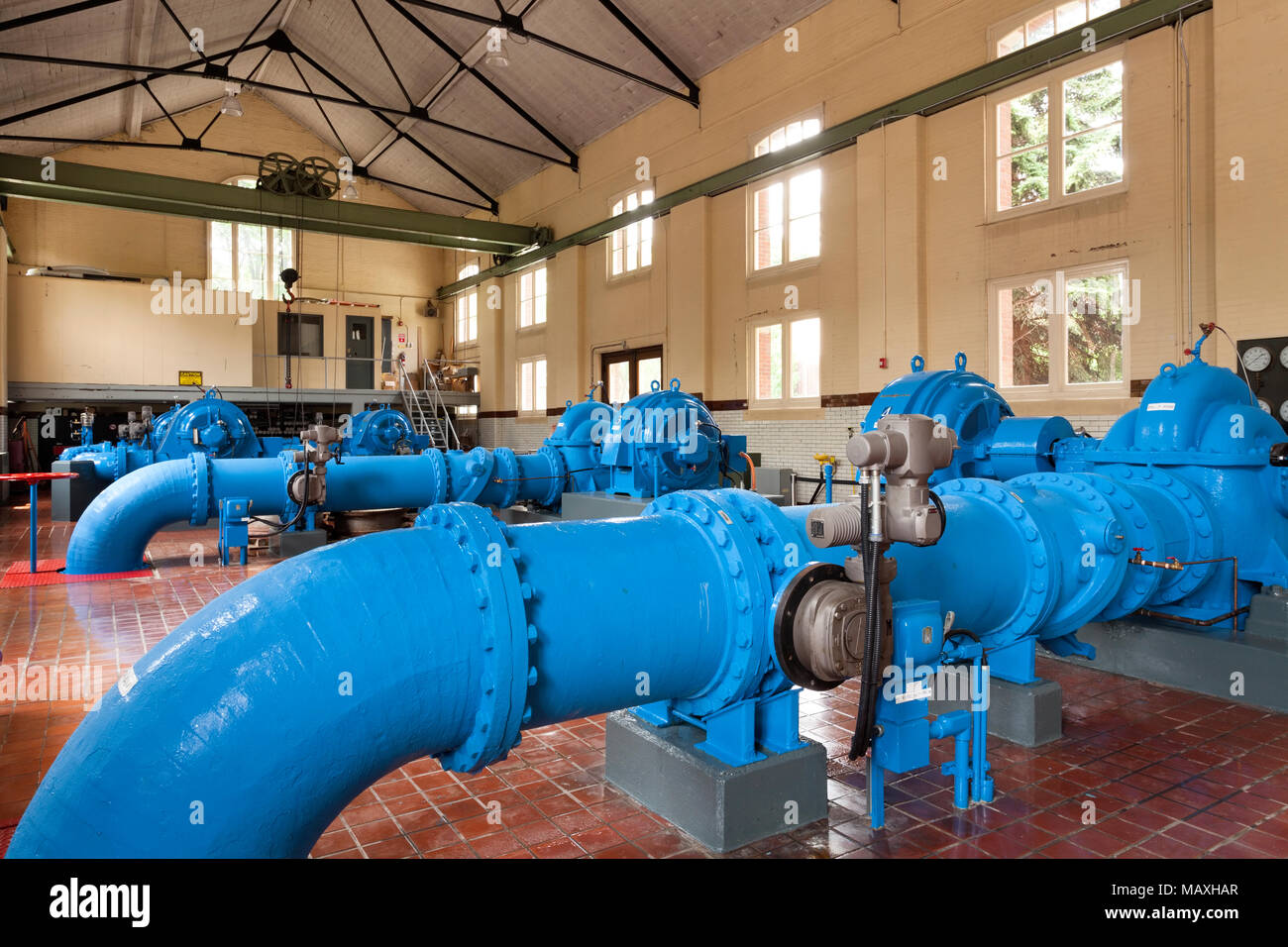 The pumping hall that houses the water pumps at Toronto's High Level Pumping Station. Toronto, Ontario, Canada. Stock Photo