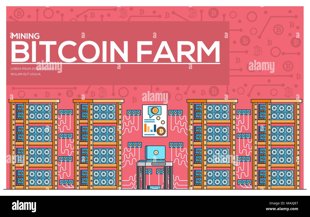 Bitcoin farm thin line vector illustration concept. Modern technology ...