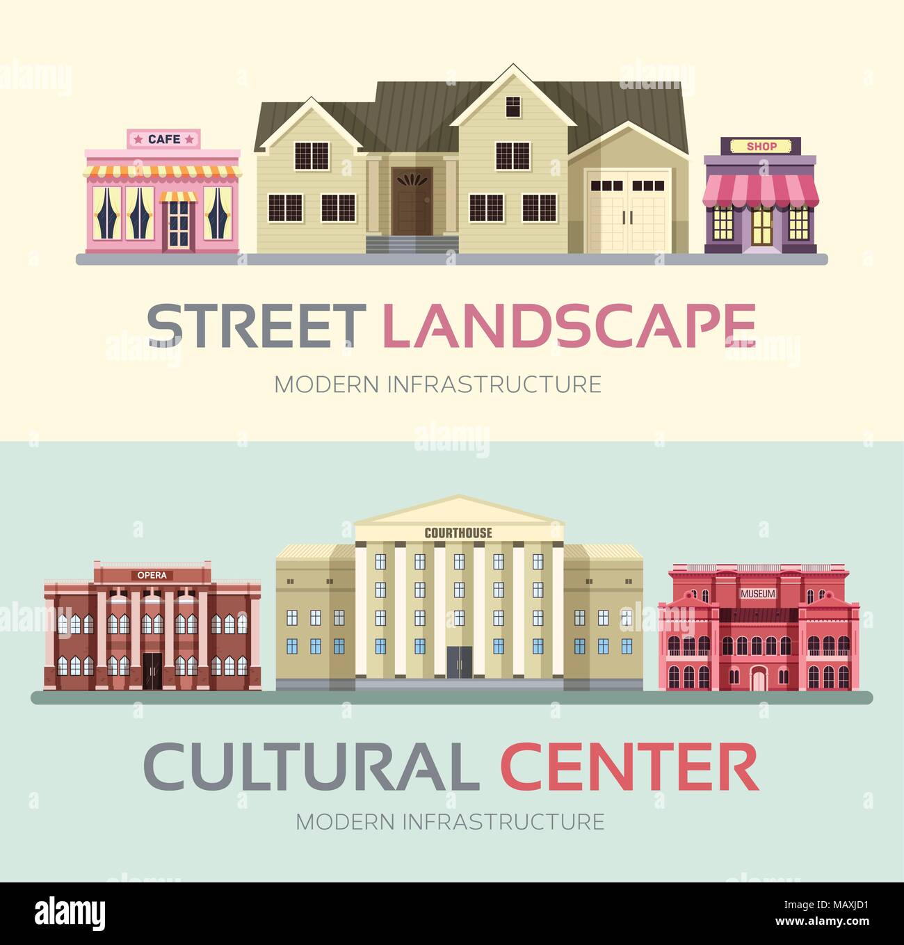 Landscape street town banners set. Town vector illustration design concept.  Stock Vector