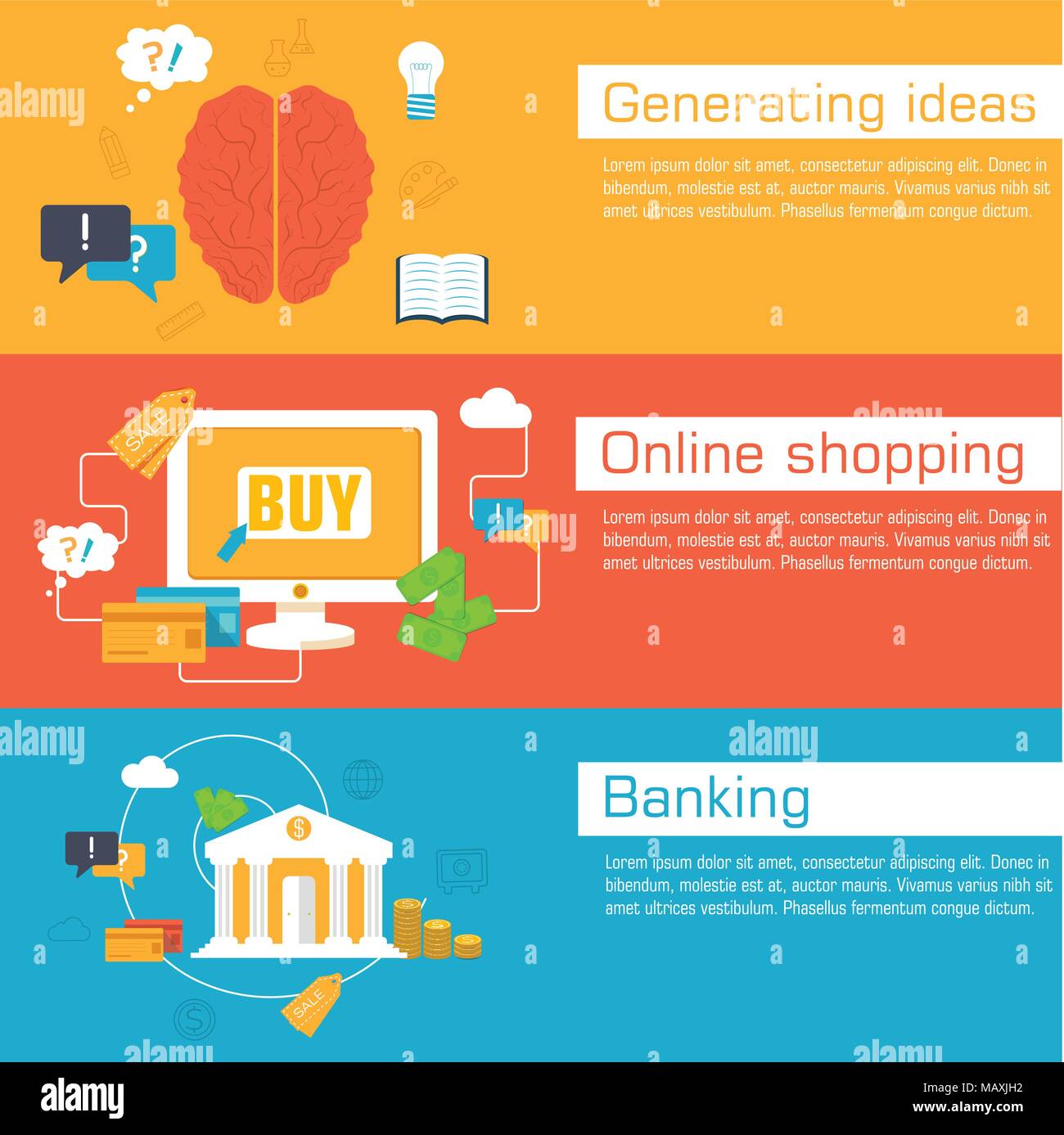 set of social business life horizontal banners flat design. Vector illustrations backgrounds in vintage style concepts. Template for website and mobile appliance Stock Vector