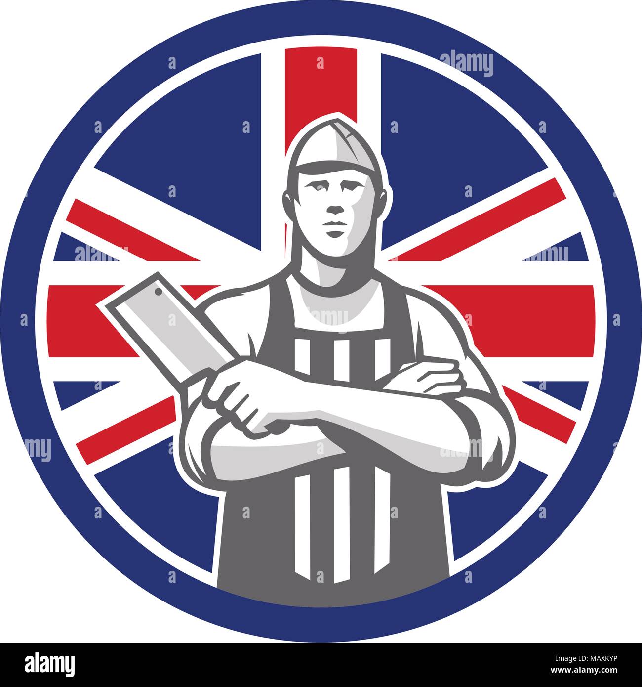 Icon retro style illustration of British butcher arms crossed holding a meat cleaver viewed from front  with United Kingdom UK, Great Britain Union Ja Stock Vector