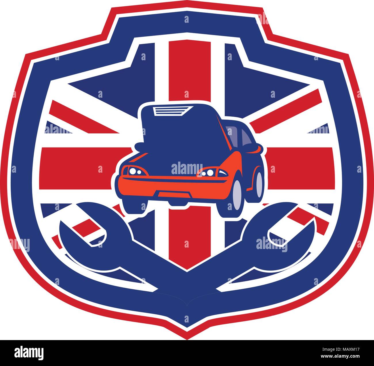Icon retro style illustration of a British auto automobile car repair shop with crossed spanner wrench and United Kingdom UK, Great Britain Union Jack Stock Vector