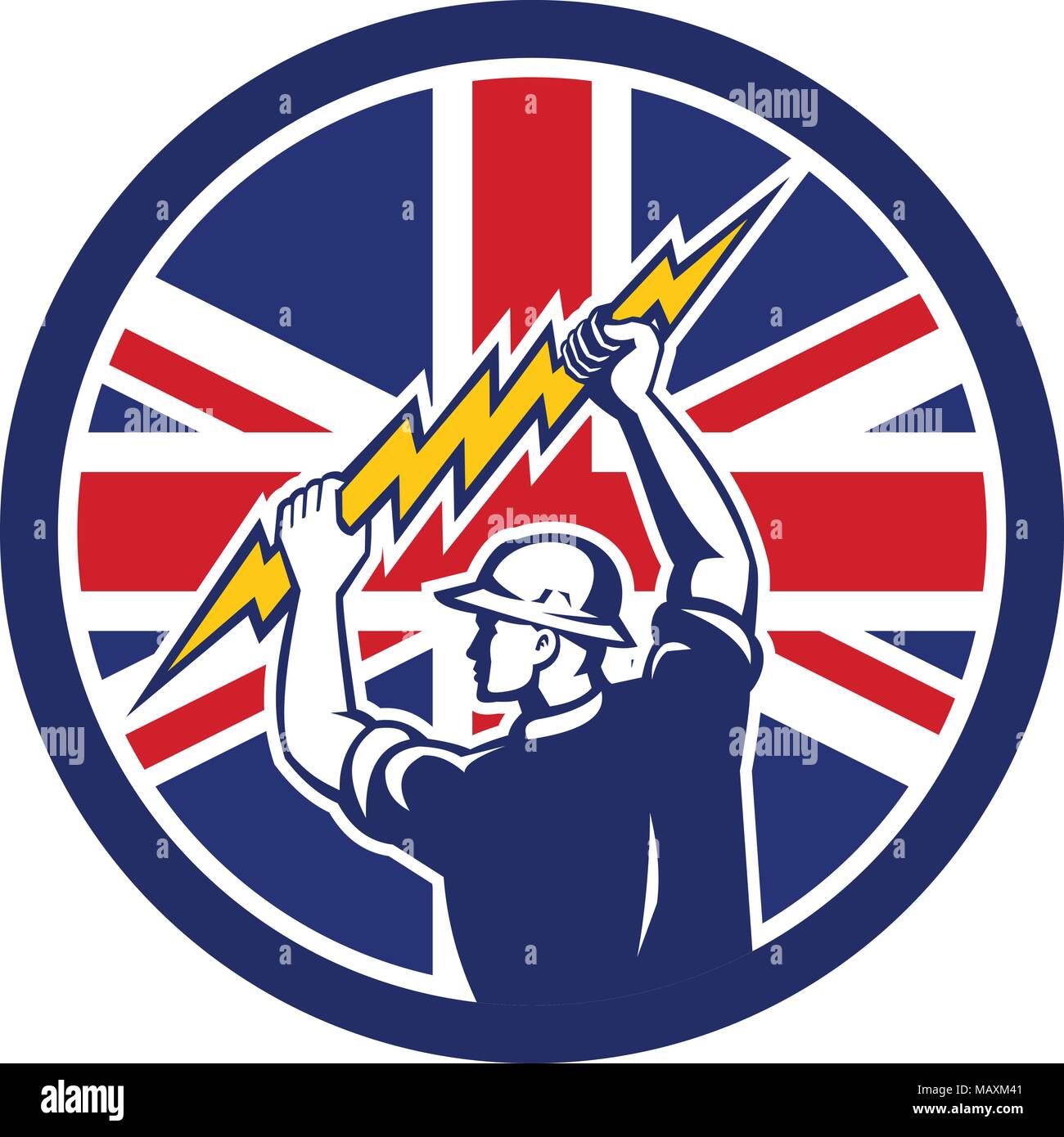 Icon retro style illustration of a British electrician or power lineman holding lightning bolt with United Kingdom UK, Great Britain Union Jack flag s Stock Vector
