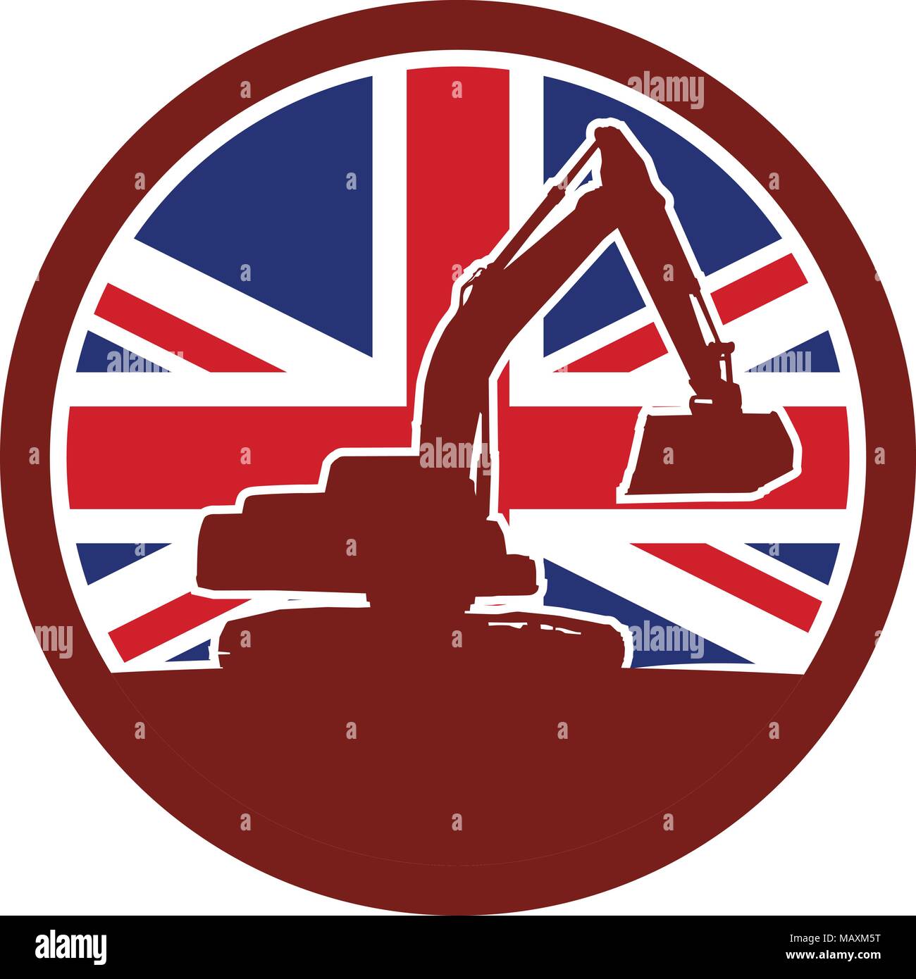 Icon retro style illustration of silhouette of a British mechanical digger or excavator viewed from side with United Kingdom UK, Great Britain Union J Stock Vector