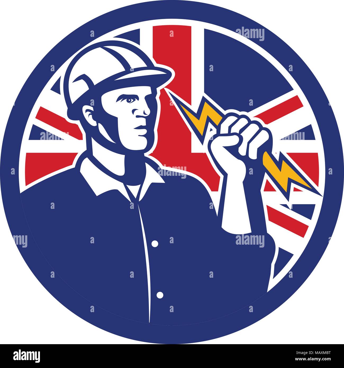 Icon retro style illustration of a British Power Lineman or electrician holding a lightning bolt with United Kingdom UK, Great Britain Union Jack flag Stock Vector